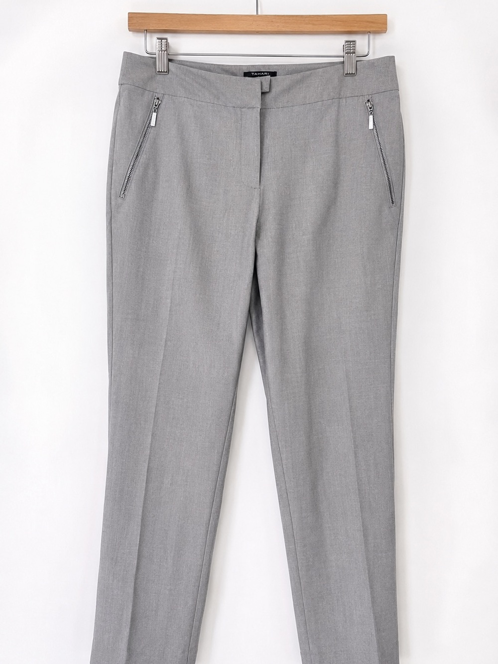Tahari Gray Zip-Pocket Straight-Leg Dress Pants